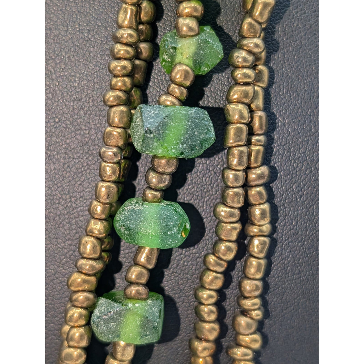 Boho Multi-Strand Leather Cord Bronze Seed Bead & Green Sea Glass Bead Necklace