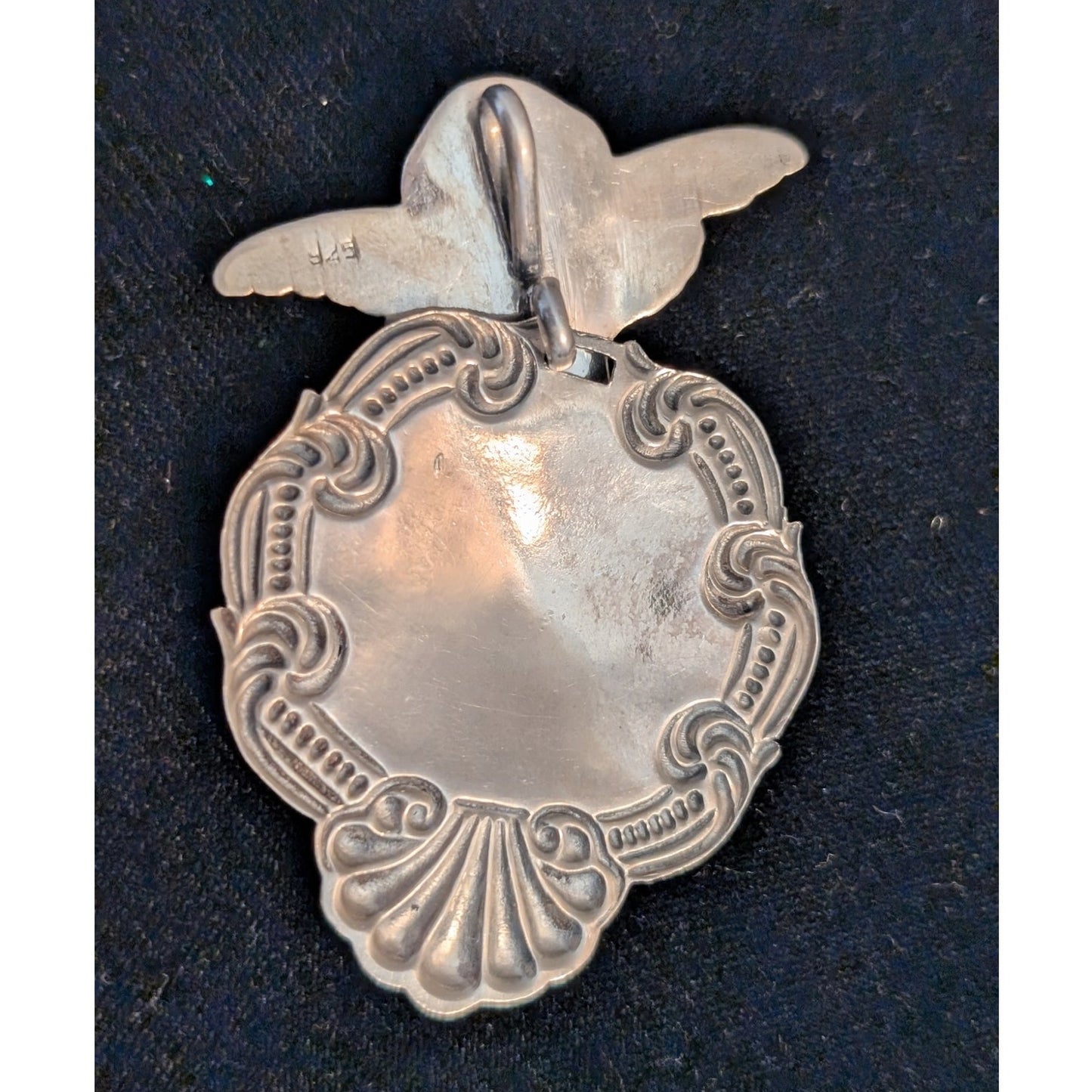 Vintage Sterling Silver Victorian Repousse Angel Articulated Luggage Tag Pendant
