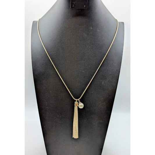 Silver Tone Snake Chain Faux Pearl Charm Tassel 34" Long Necklace