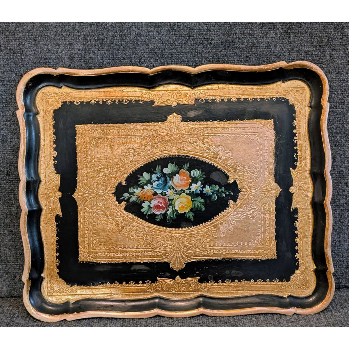 Vintage Italian Florentine Hand Painted Gold and Black Floral 18 X 15 Wood Tray
