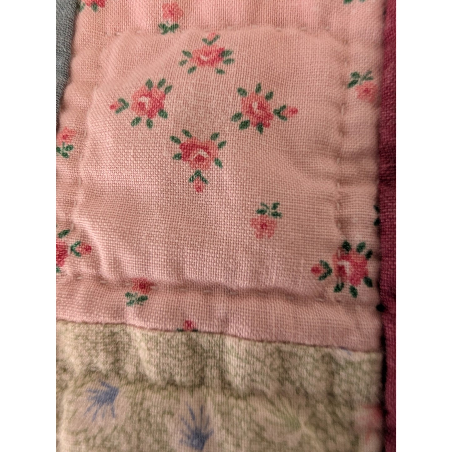 Vintage 84" X 102" Teal Blue & Mauve Cotton Hand Stitched 'Secret Garden' Quilt