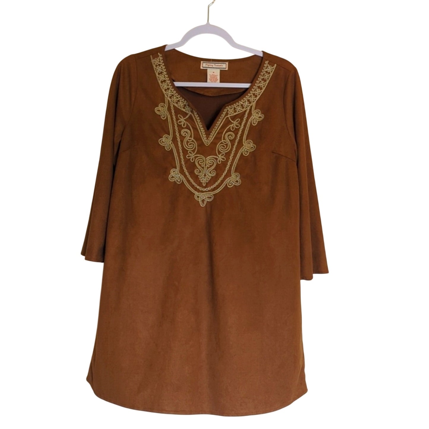 Flying Tomato Suede Caramel Brown Soutache Trim Embroidered Mini Dress Sz M
