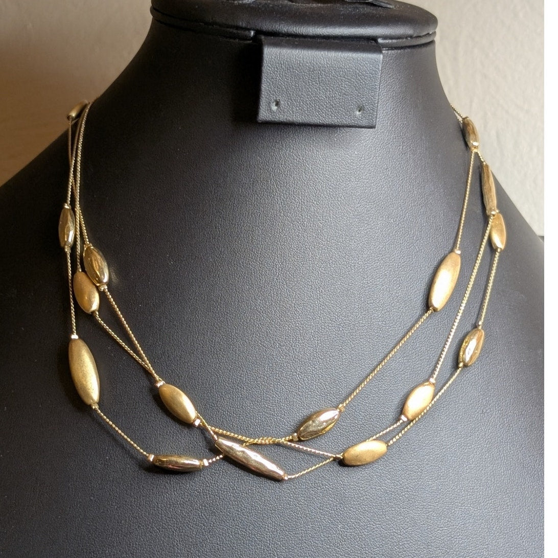 Layered 3-Strand Oval Brushed & Polished Gold Tone Toggle Clasp Chain Necklace