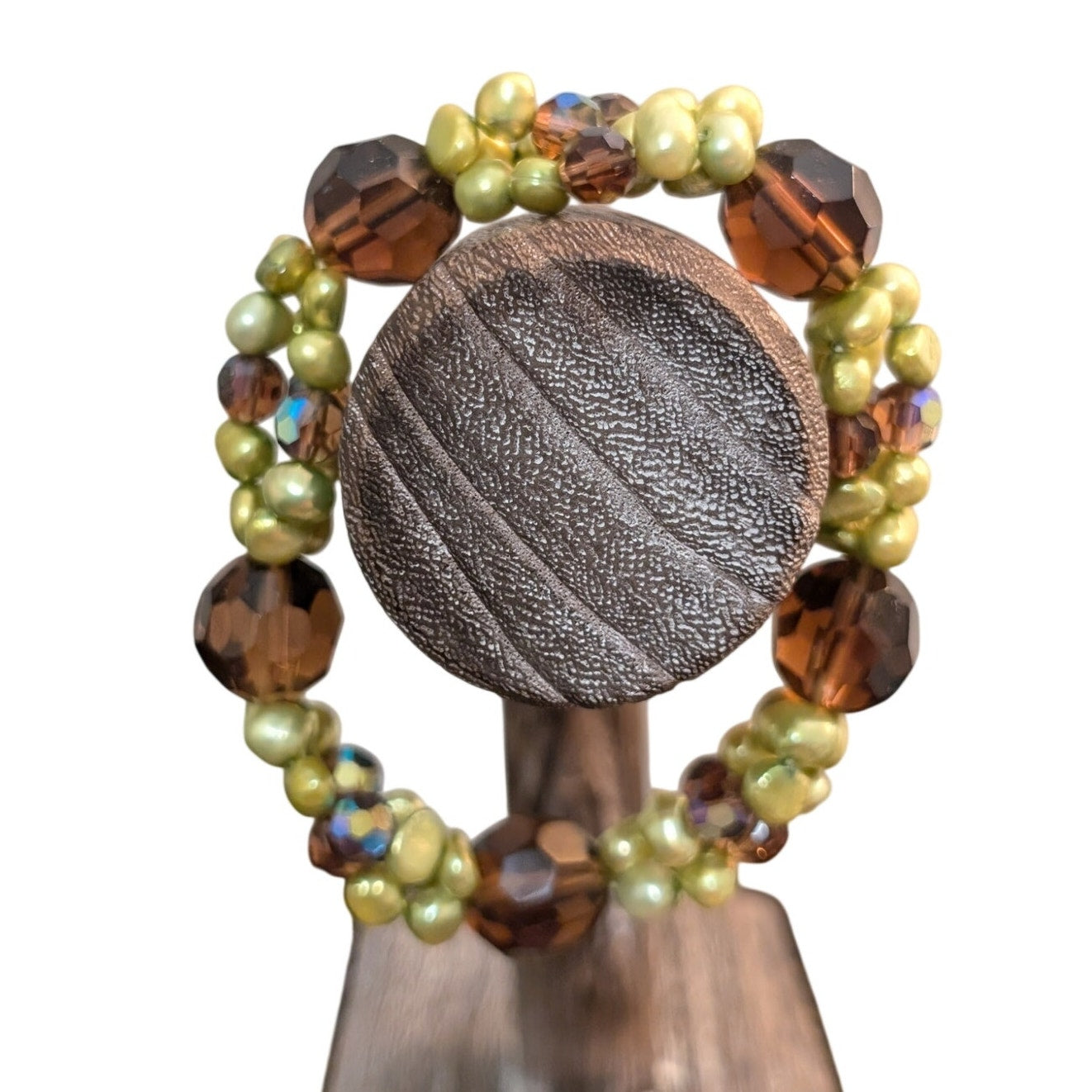 Dyed Green Freshwater Pearls Brown Crystal & AB Crystal Stretch Bracelet