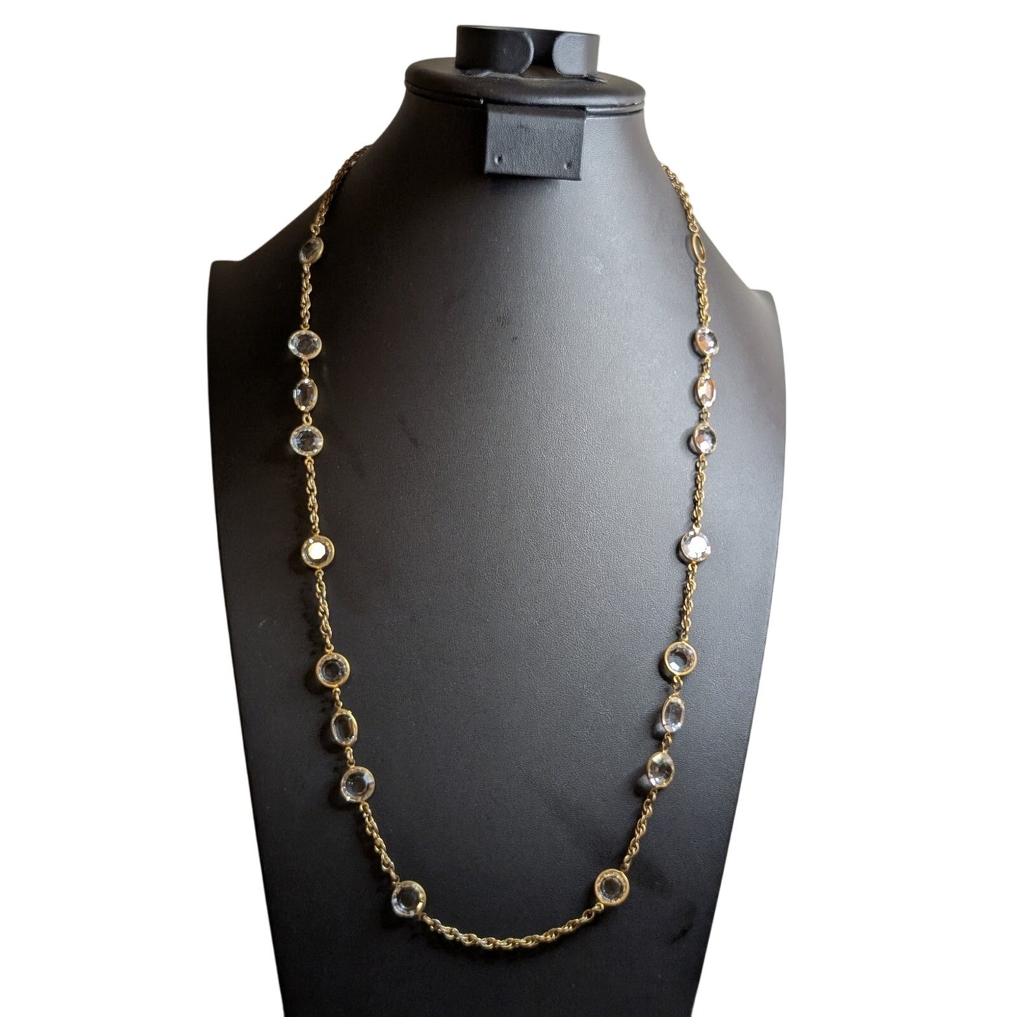 Vintage Signed Miriam Haskell Crystal Gold Tone Chain Long Necklace