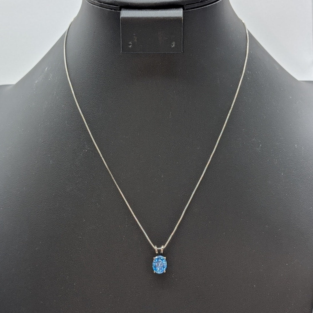 Vtg 925 Sterling Brilliant Blue Crystal Solitaire Pendant Box Chain Necklace