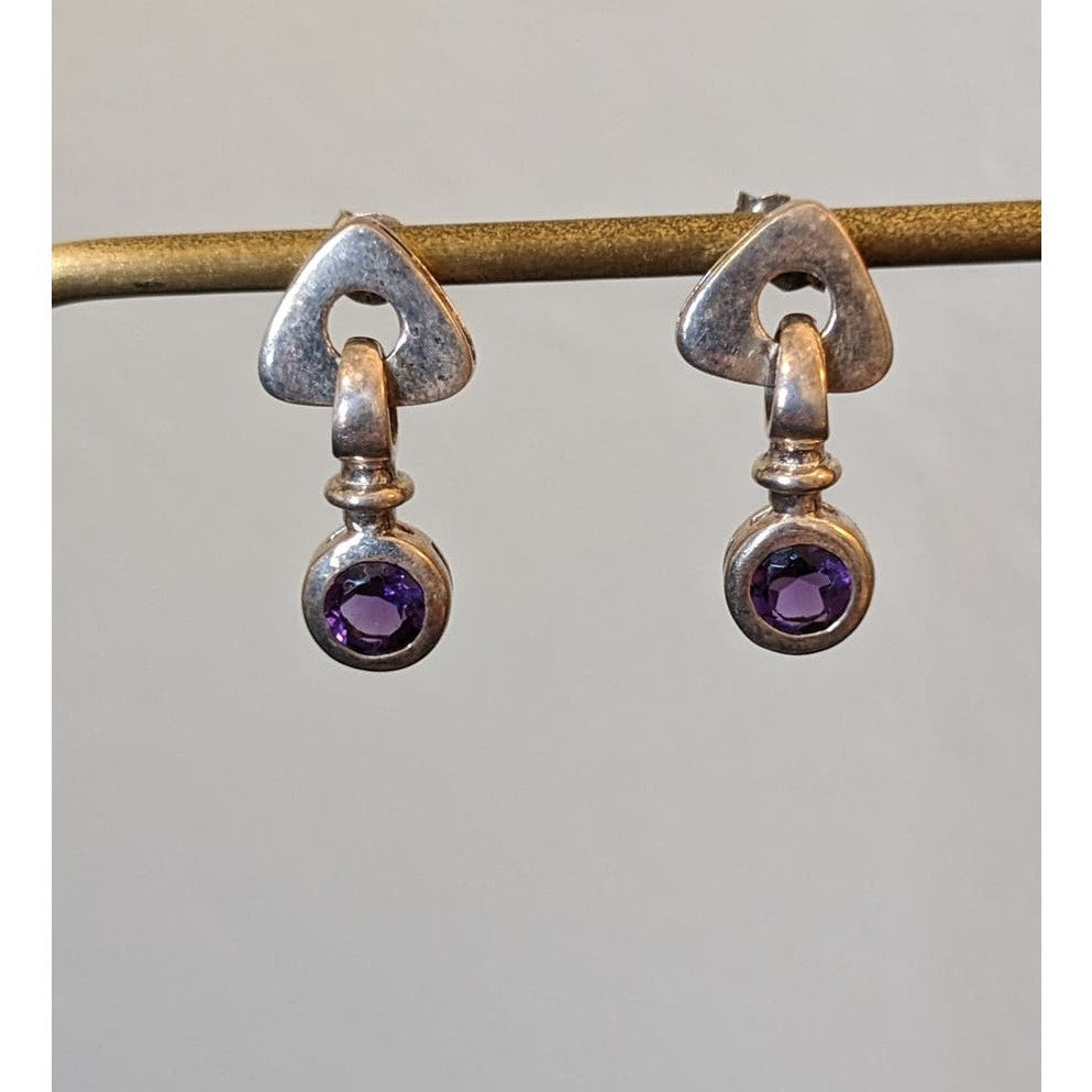 Marked 925 Sterling Bezel Set Genuine Amethyst Gemstone Dangle Post Earrings