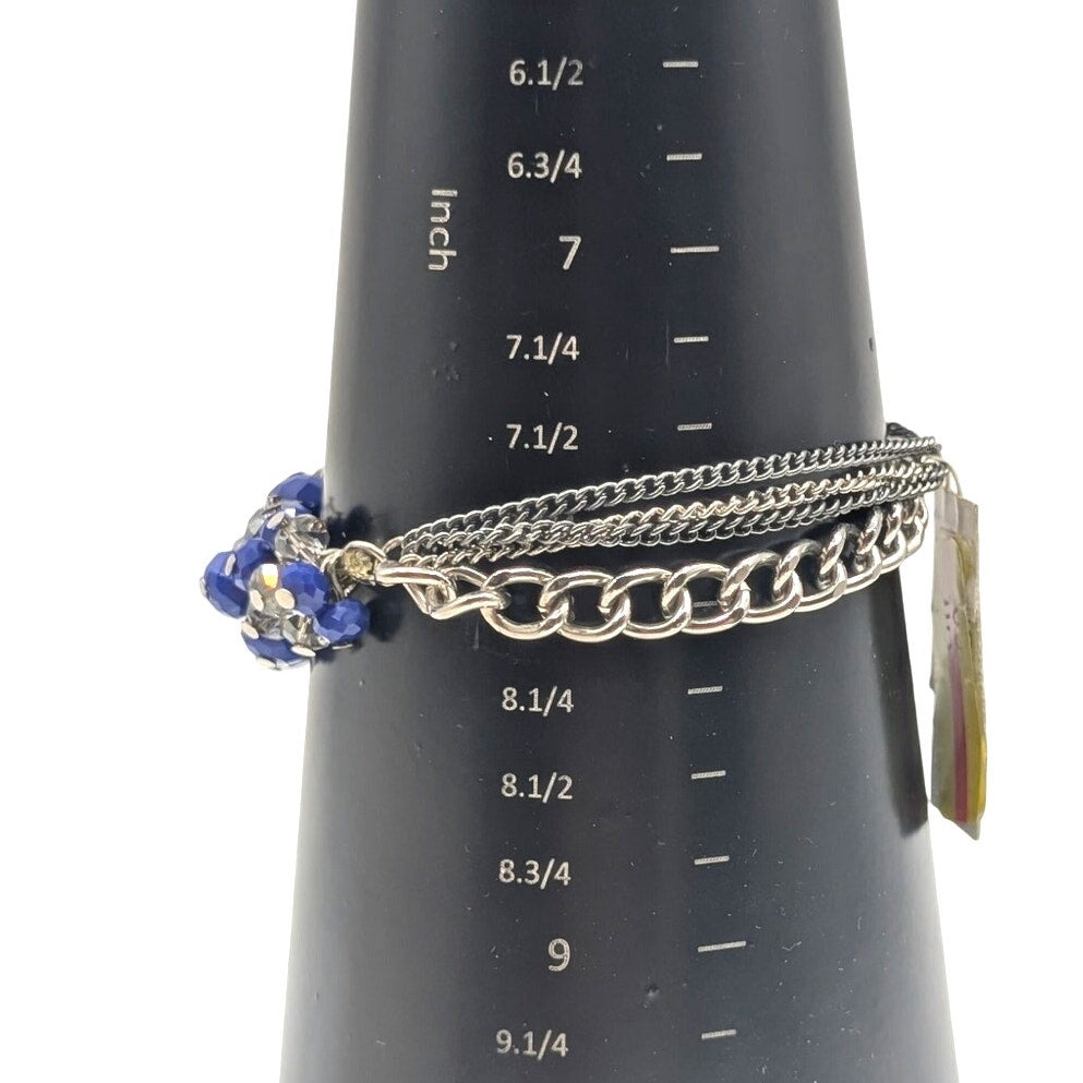 NWT Blue and Smoky Crystal Glass Bead and Multi Chain Stretch Bracelet