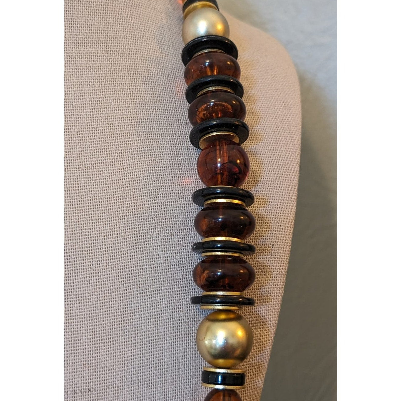 Amber Look Gold Tone Bead Long Vintage Necklace W/ Unique Barrel Clasp