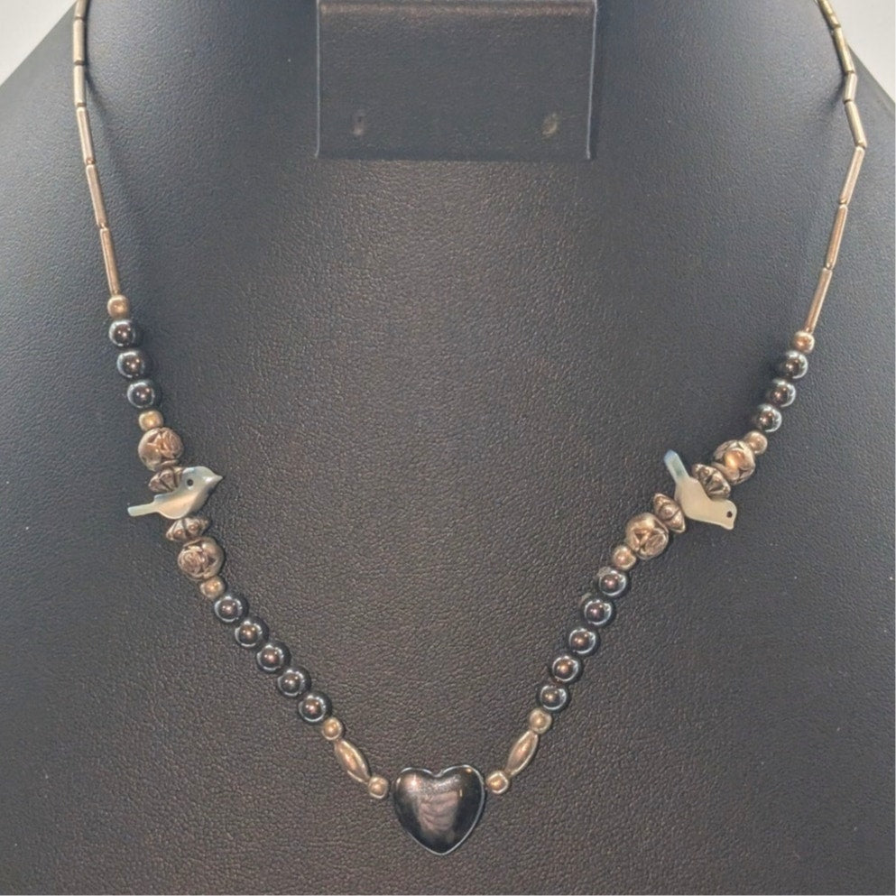 Vintage Liquid Silver Hematite Carved Bird Heart Beaded 17" Necklace