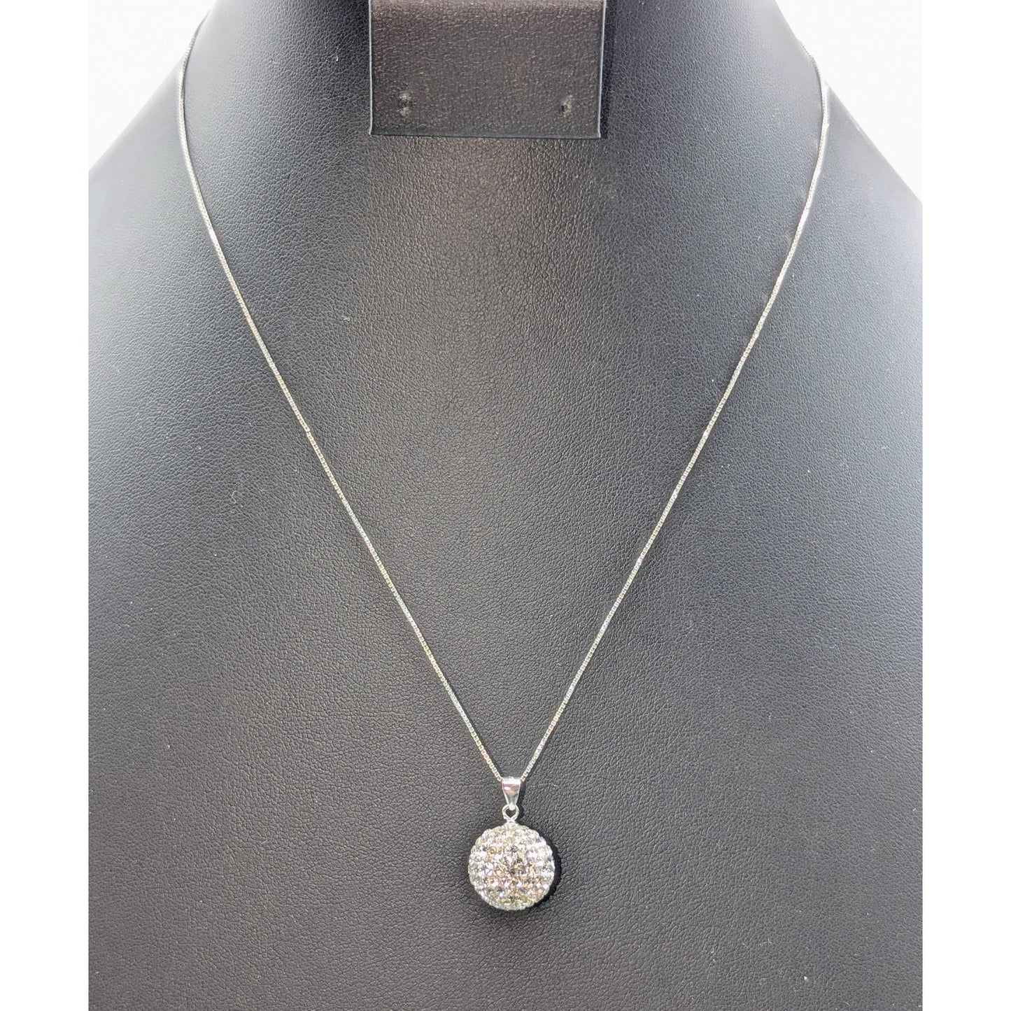 925 Sterling Austrian Crystal Snowball Disco Ball Pendant Box Chain 18" Necklace