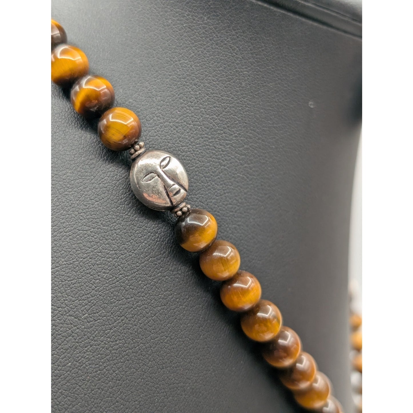 Vtg 925 Sterling Tiger's Eye Beaded Bezel Set Pendant Toggle Clasp 20" Necklace