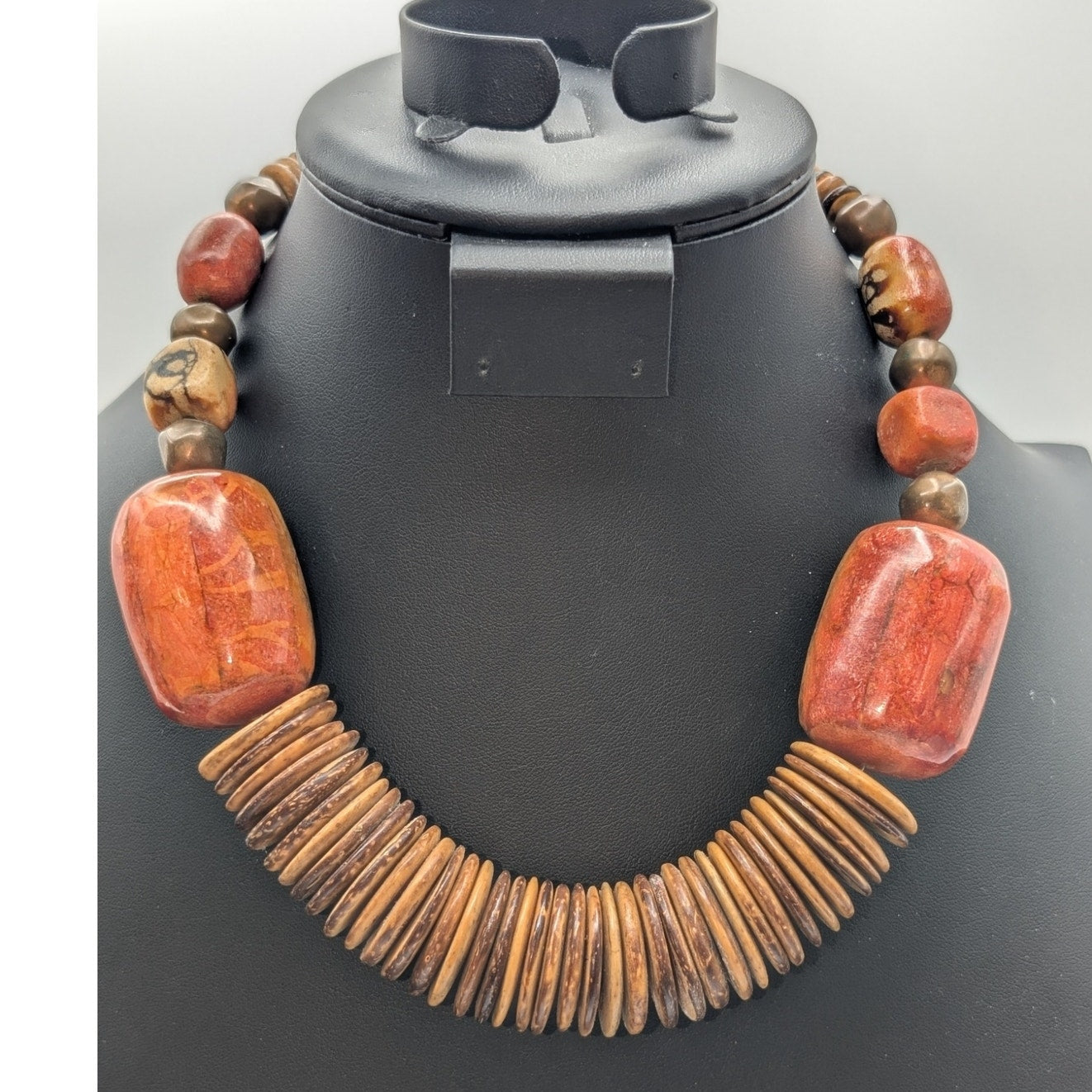 Vintage Tribal Heishi Coconut Shell Bead Resin/Wood Painted Bead 19" Necklace