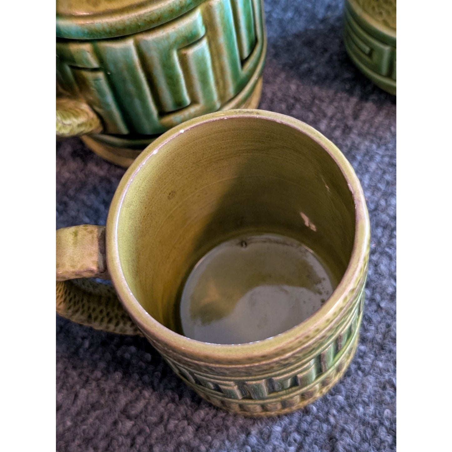 Vintage Royal Sealy Japanese Olive Green Tea Pot Creamer & Mug Set