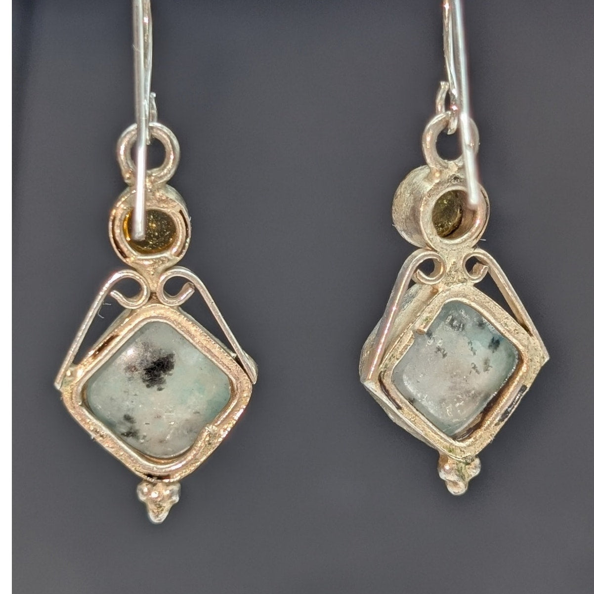 Vtg  925 Sterling Silver Light Blue Gray Stone Yellow Glass Cab Dangle Earrings