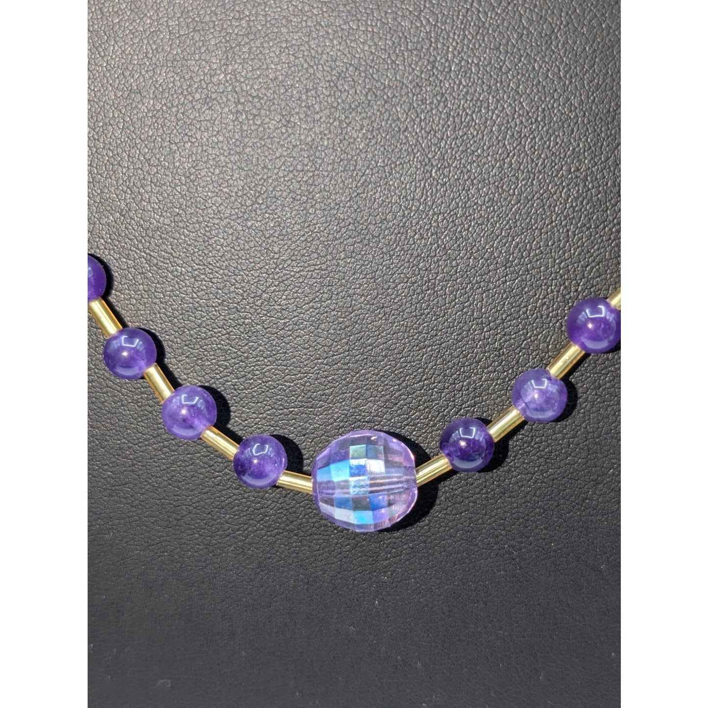 Amethyst Stone & Faceted Crystal Center Bead Gold Tone Toggle Clasp 28" Necklace
