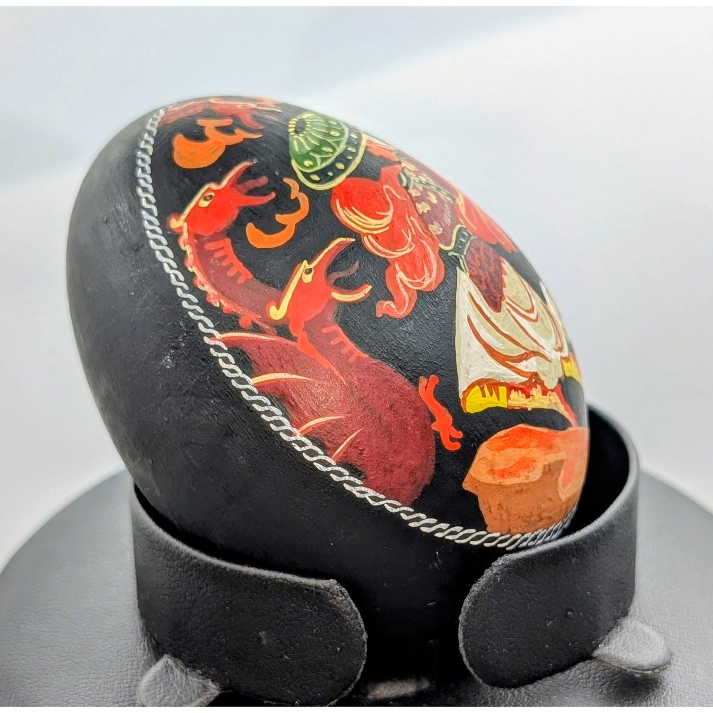 Black Wooden Russian Hand Painted Swordsman Warrior Dragon Signed Decorative Egg