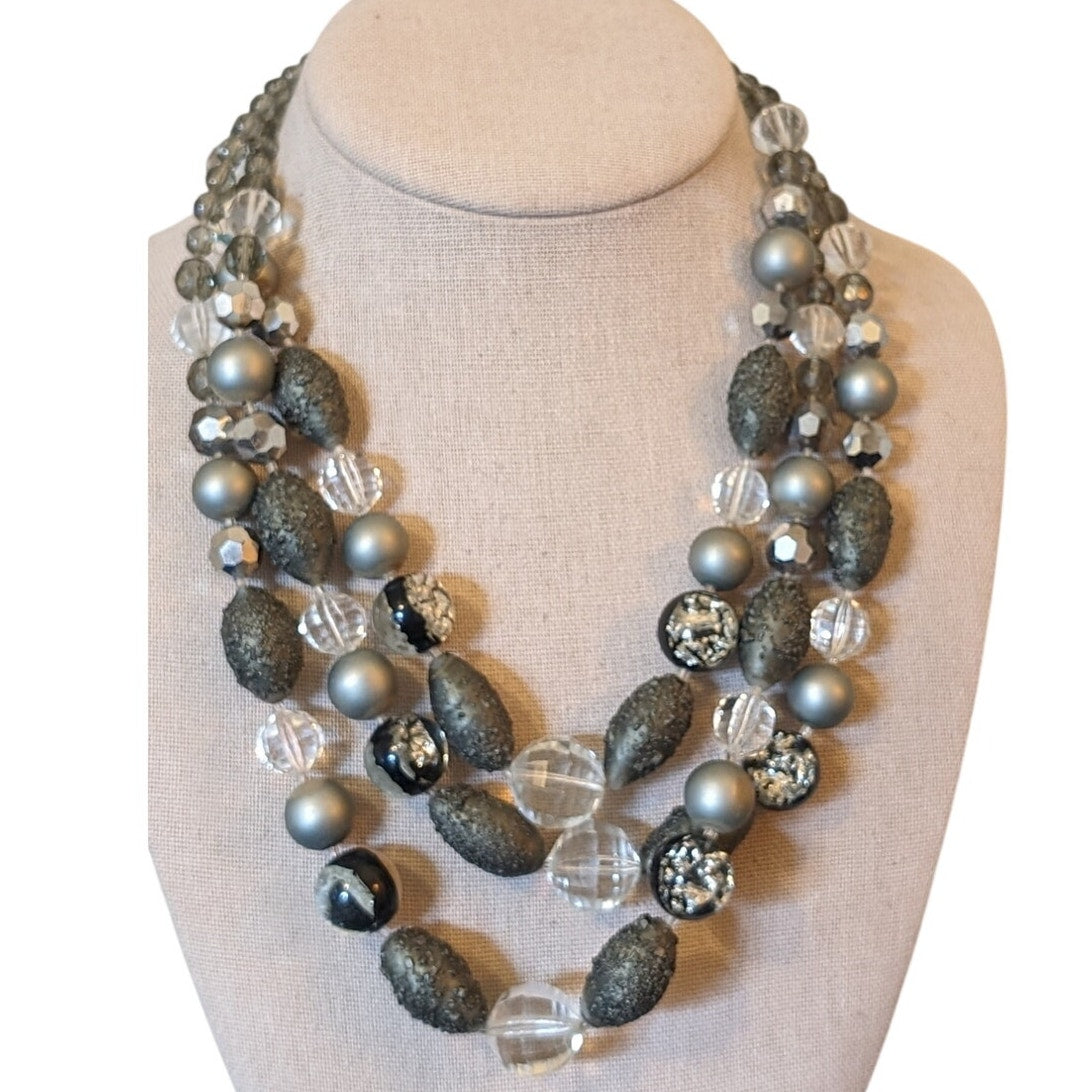 Vintage Gray Clear Faceted Crystal, Lava, Foil Bead Necklace W/ Fancy Clasp