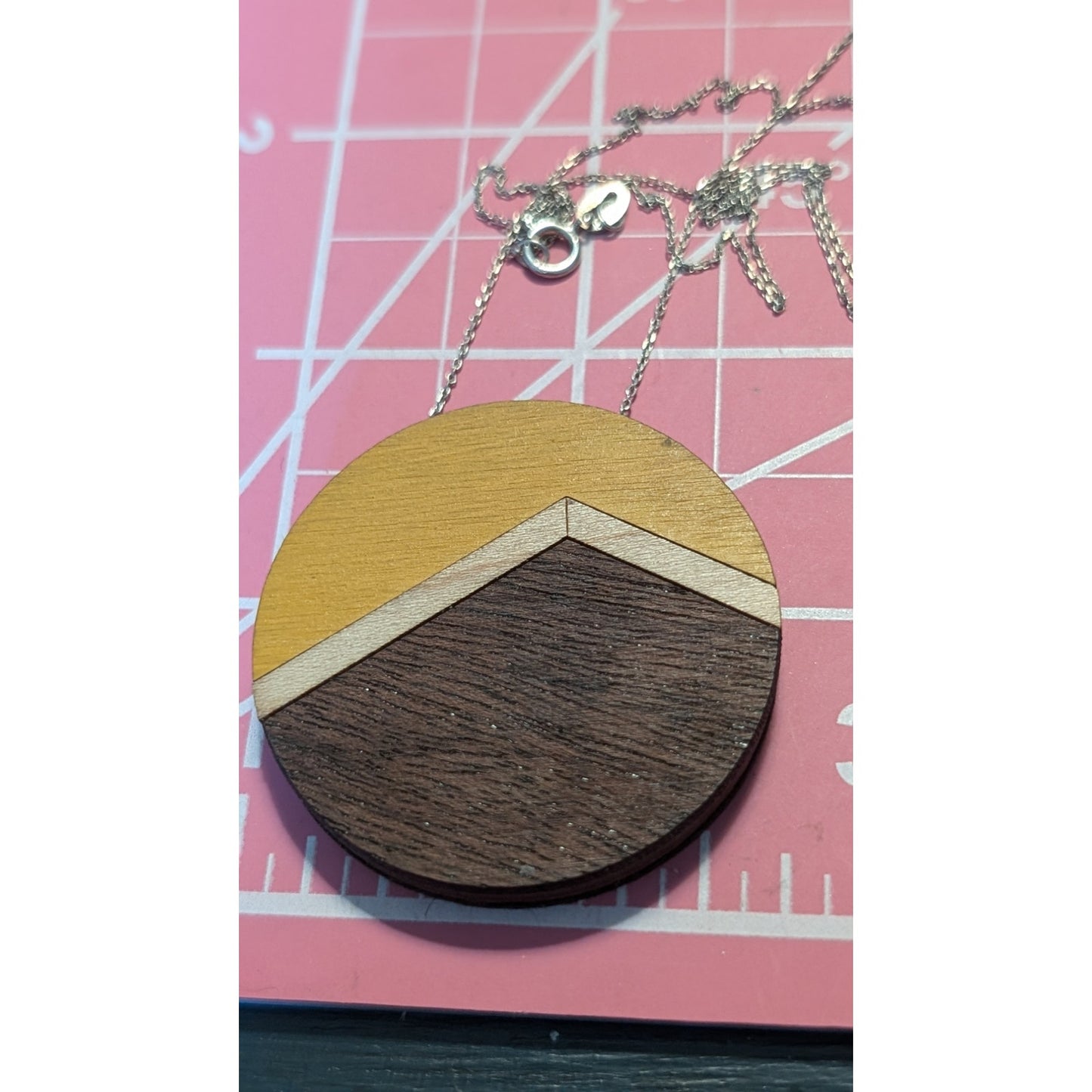 925 Italy Sterling Silver Chain & Wood Inlay Pendant 17.5" Necklace
