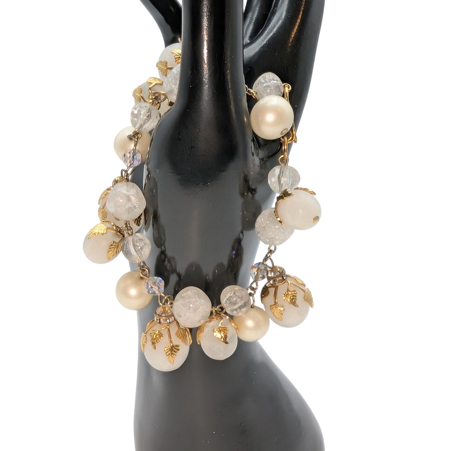 Vintage Deauville 1950s-1960s Faux Pearl Lucite Golden Leaf Bauble Bracelet
