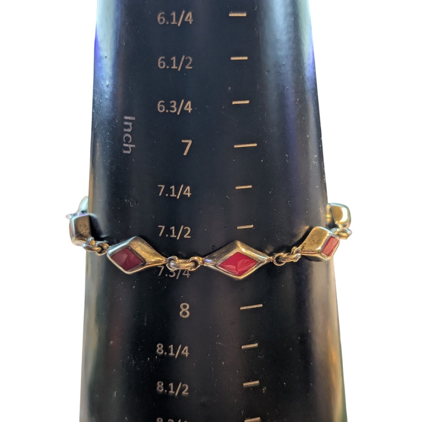 925 Sterling Silver Mexico Red Coral Inlay Diamond Shape Link Box Clasp Bracelet