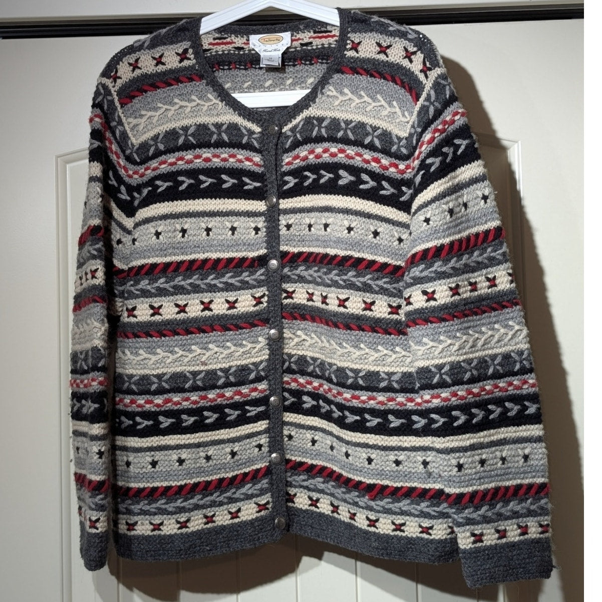 Talbot's Hand Knit 100% Wool Gray Cream Red Black Button Cardigan Sweater Sz MP