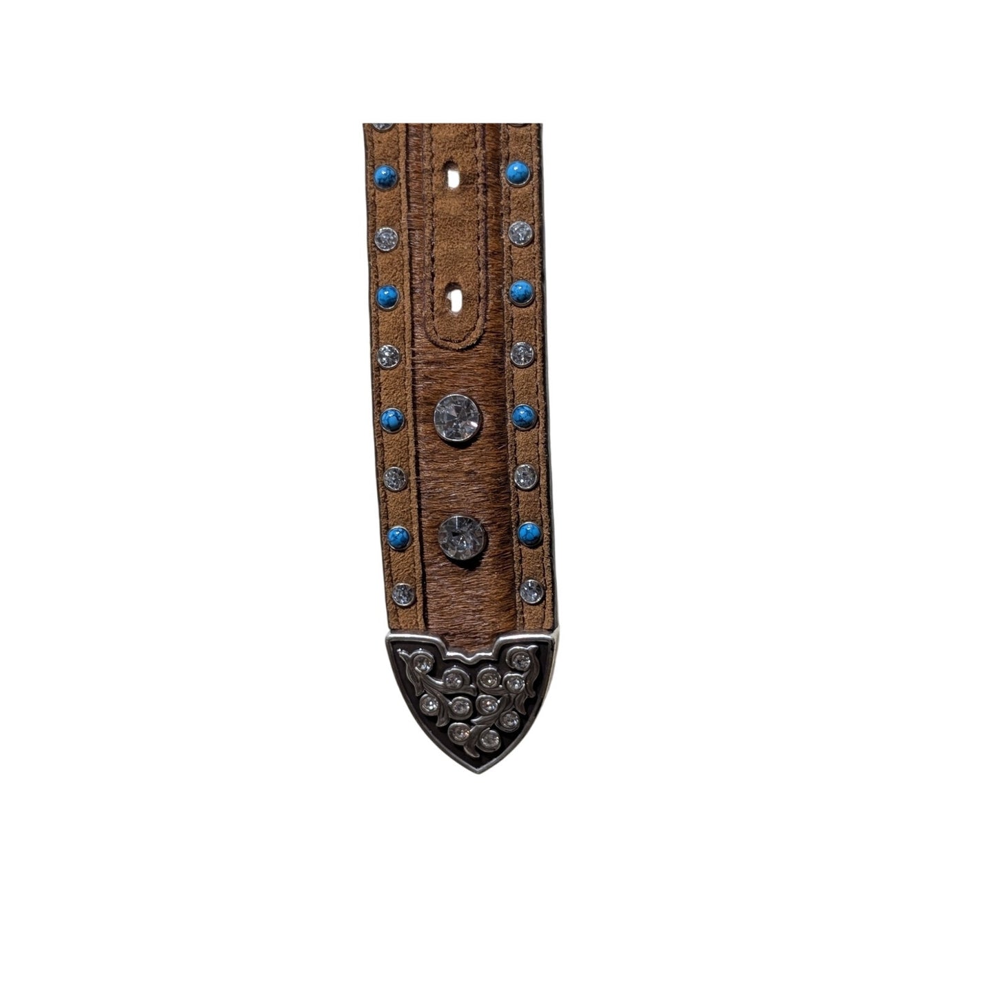 Justin DALLAS CRYSTAL Brown Western Rhinestone Turquoise Faux Fur Belt Sz 32