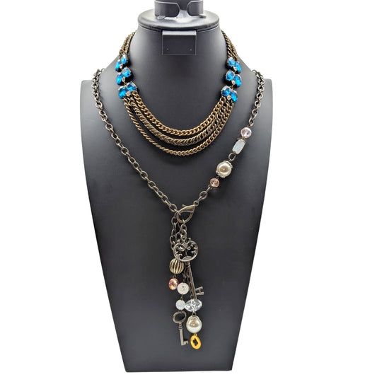 Lot of Two Plunder Necklaces Bronze Metal Blue Rhinestone Charm Tassel Chain