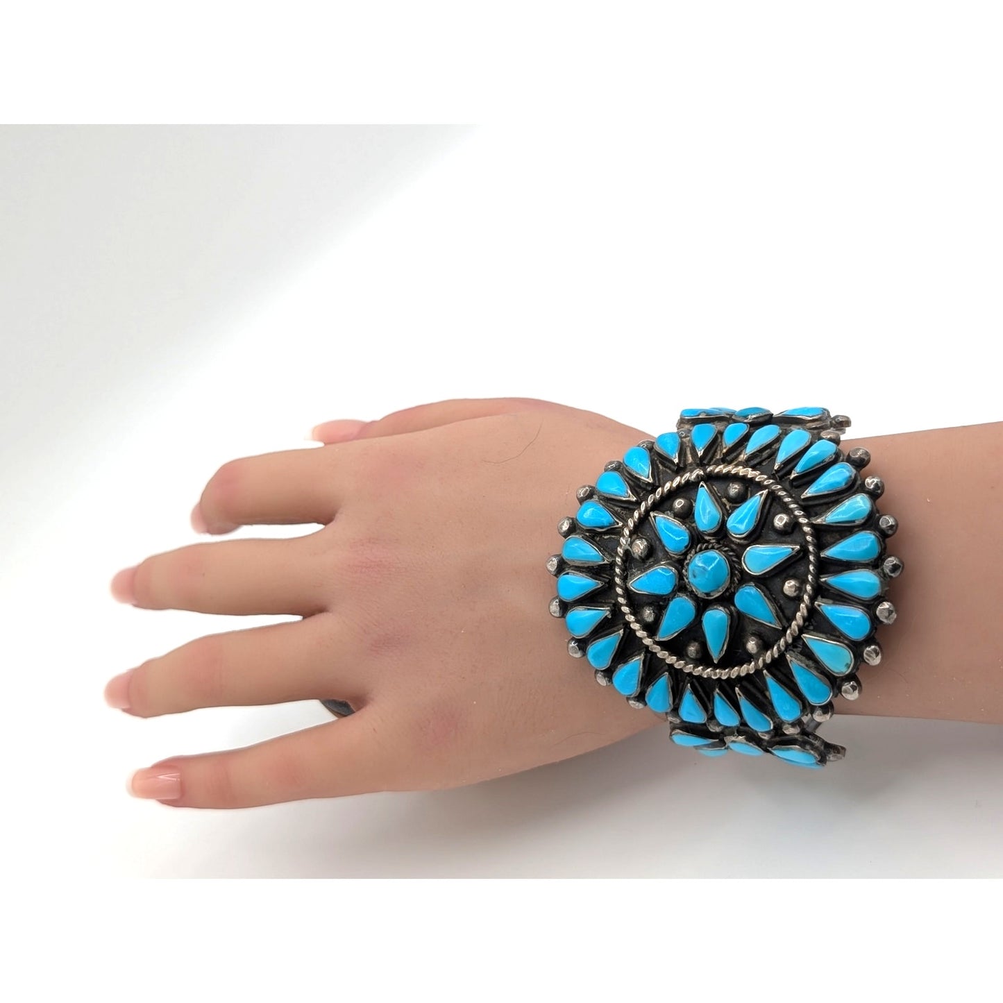 VTG Native ZUNI Sterling Silver TURQUOISE Flower Blossom Cuff Bracelet 92.34g