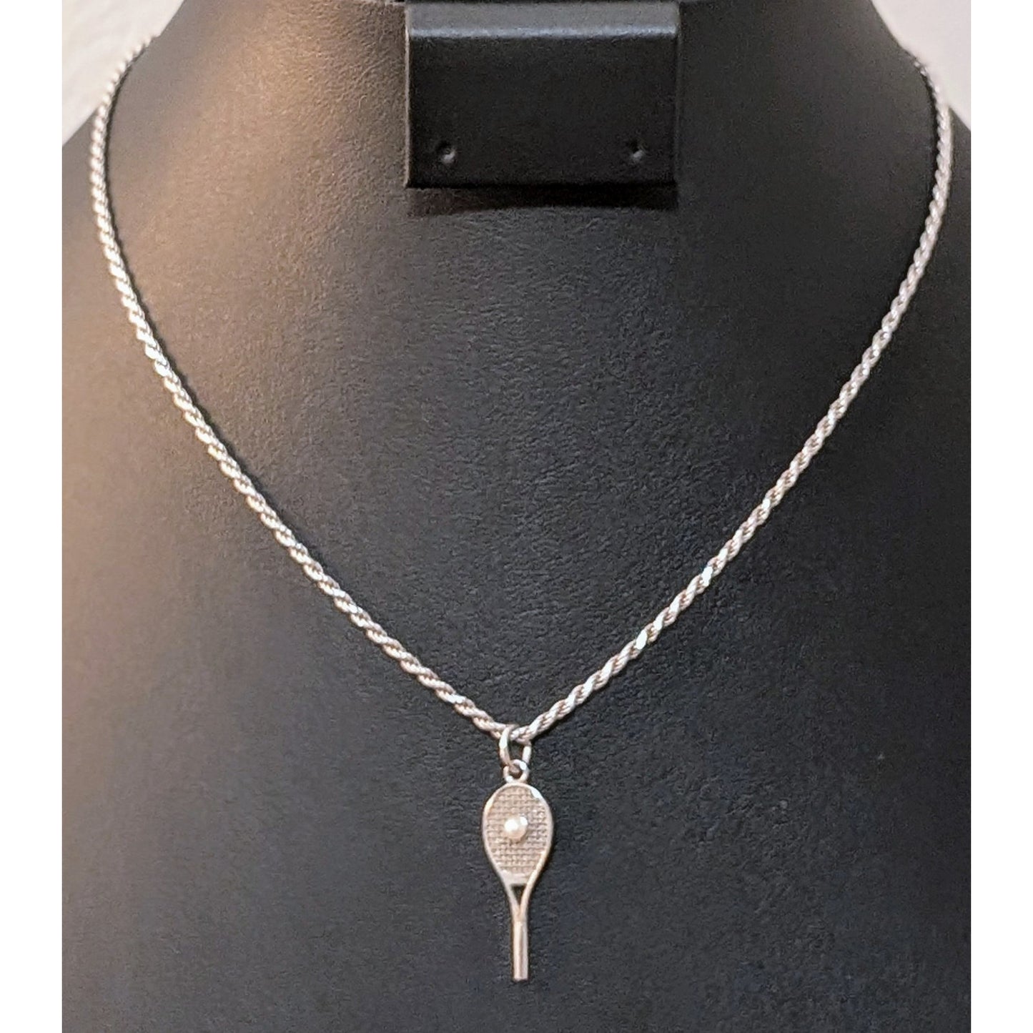 VTG RQC Sterling Tennis Racket Faux Pearl Charm 925 Sterling Rope Chain Necklace