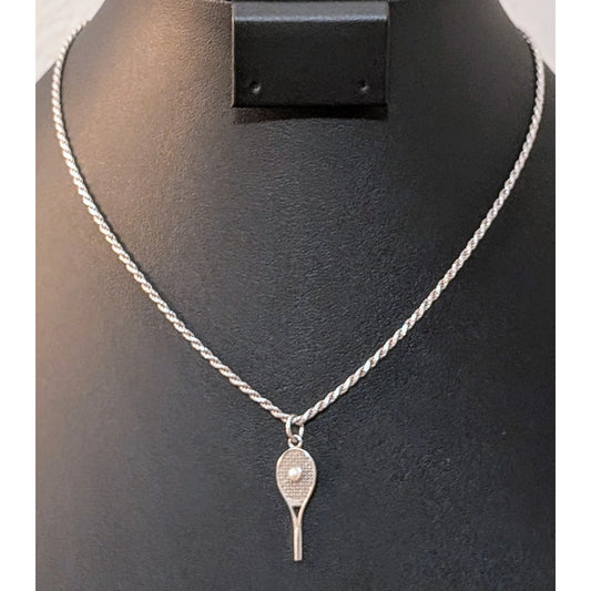 VTG RQC Sterling Tennis Racket Faux Pearl Charm 925 Sterling Rope Chain Necklace