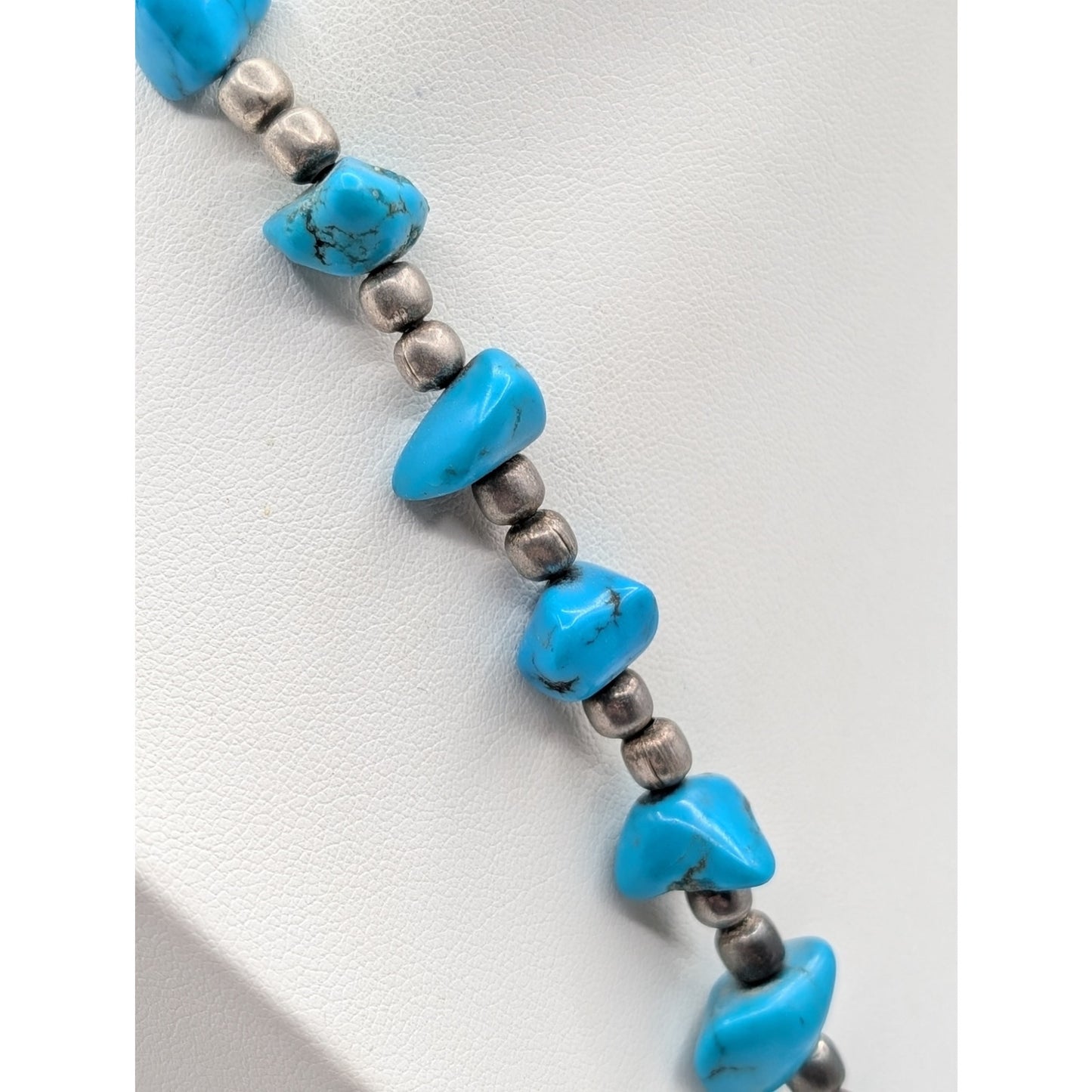 Vintage 1960s Turquoise Nugget Silver Beaded Hook Clasp 28" Necklace