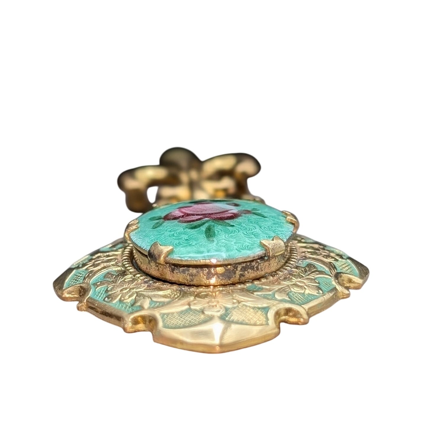 Vtg 1930s Guilloche Enamel Work Rose Design Fleur de Lis Locket Hanging Brooch