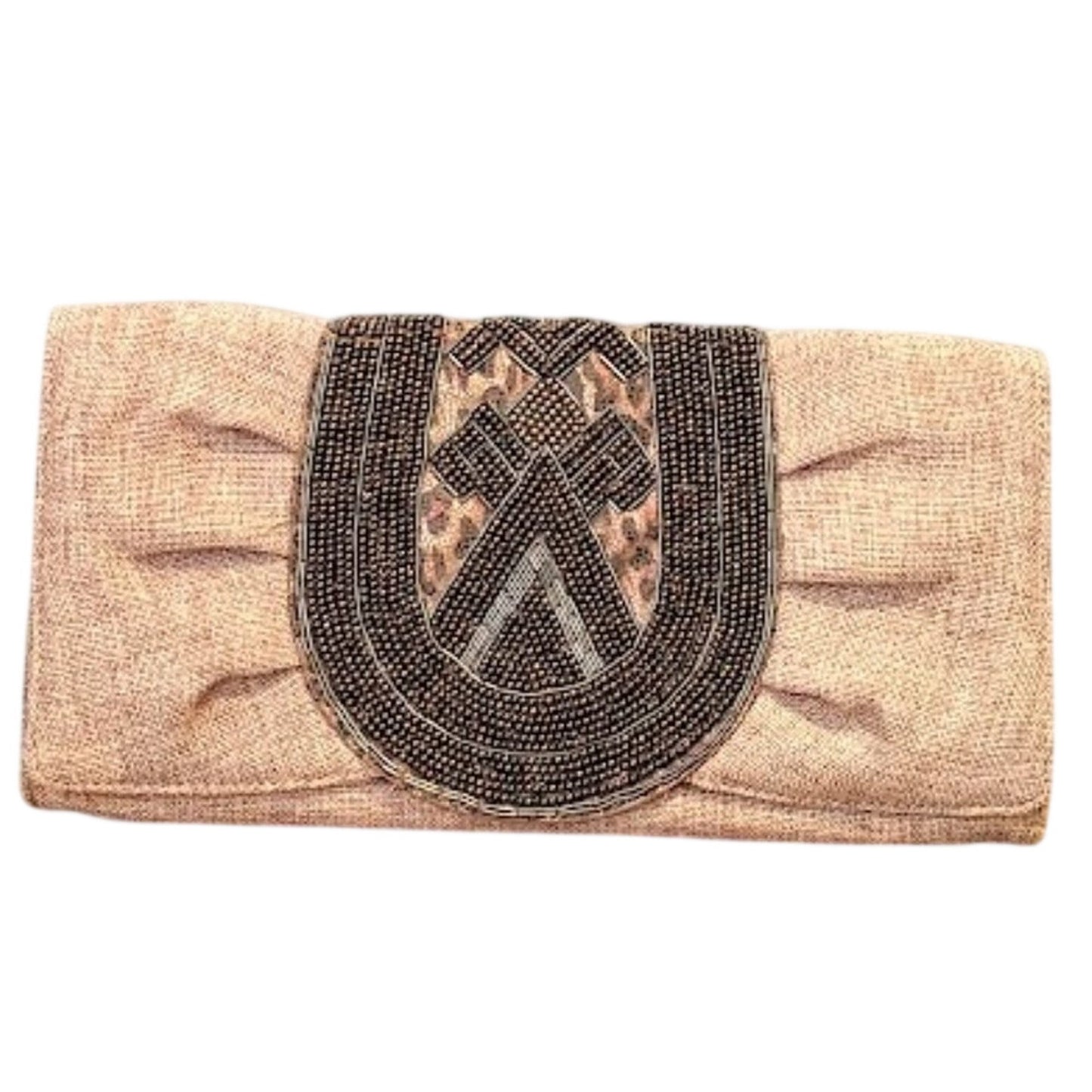 Chico's Woven Beaded Animal Print Envelope Clutch Tan