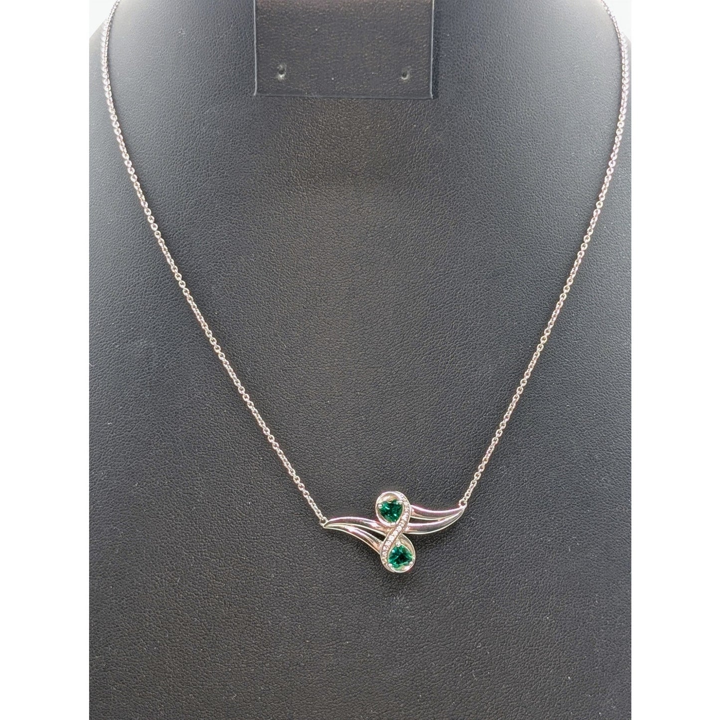 Green Zirconia White Created Sapphire 925 Sterling 2 Heart Infinity Necklace