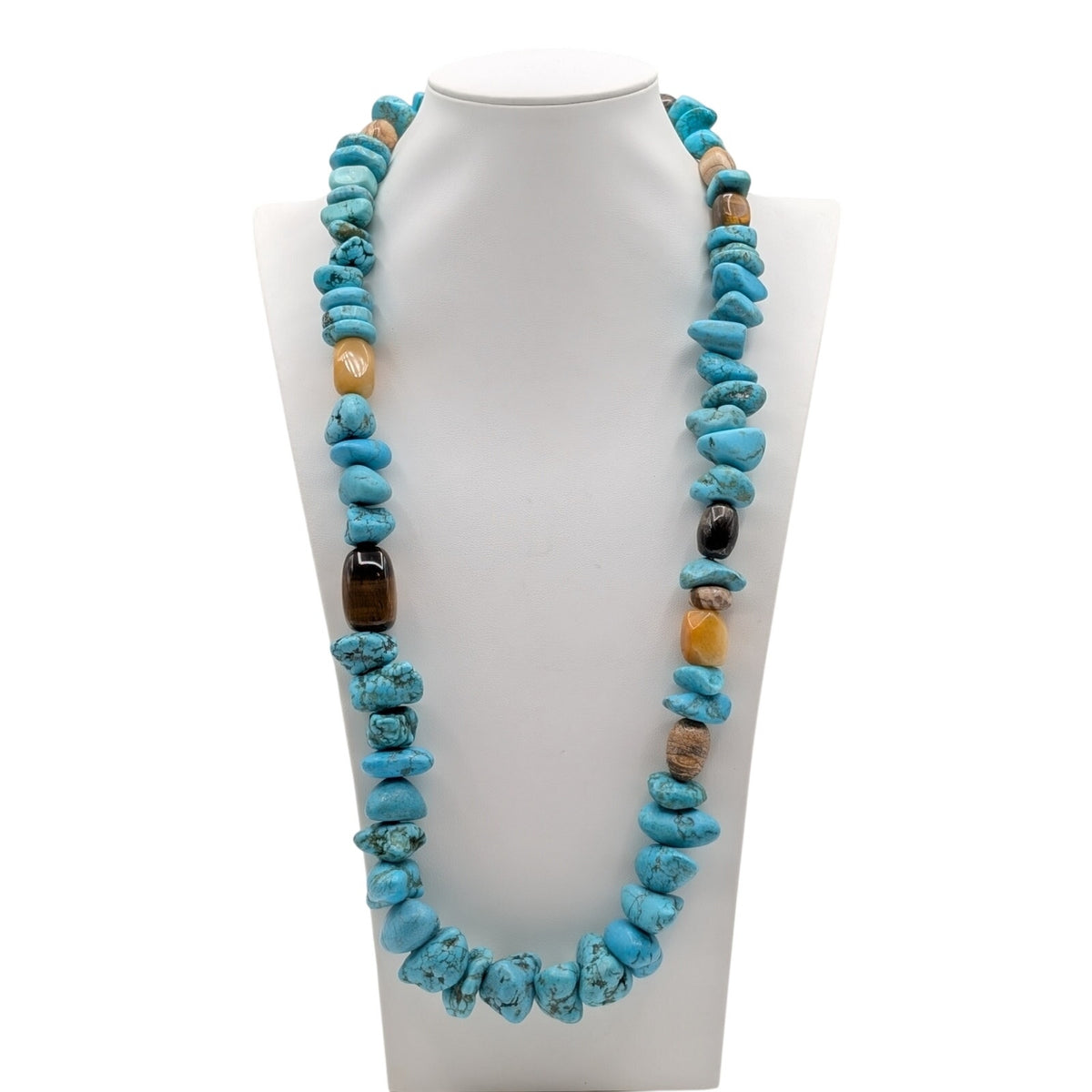 Chunky Southwestern Turquoise Tigers Eye Agate Bead Sterling Silver 30" Necklace