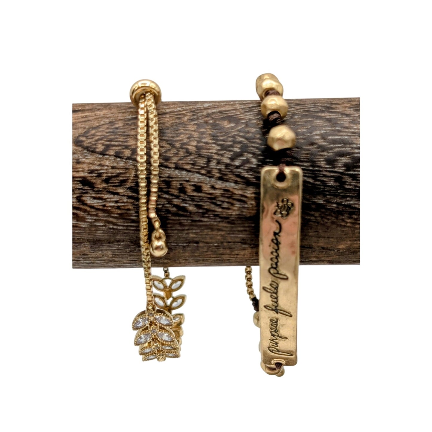 Lot of Two Gold Tone Pull Chain Bracelets --'Purpose Fuels Passion' & Rhinestone