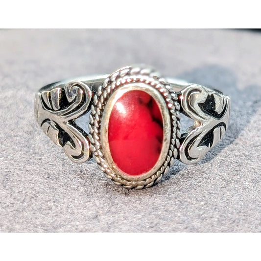 Vintage Sterling Silver Oval Red Coral Ring Size 7.75