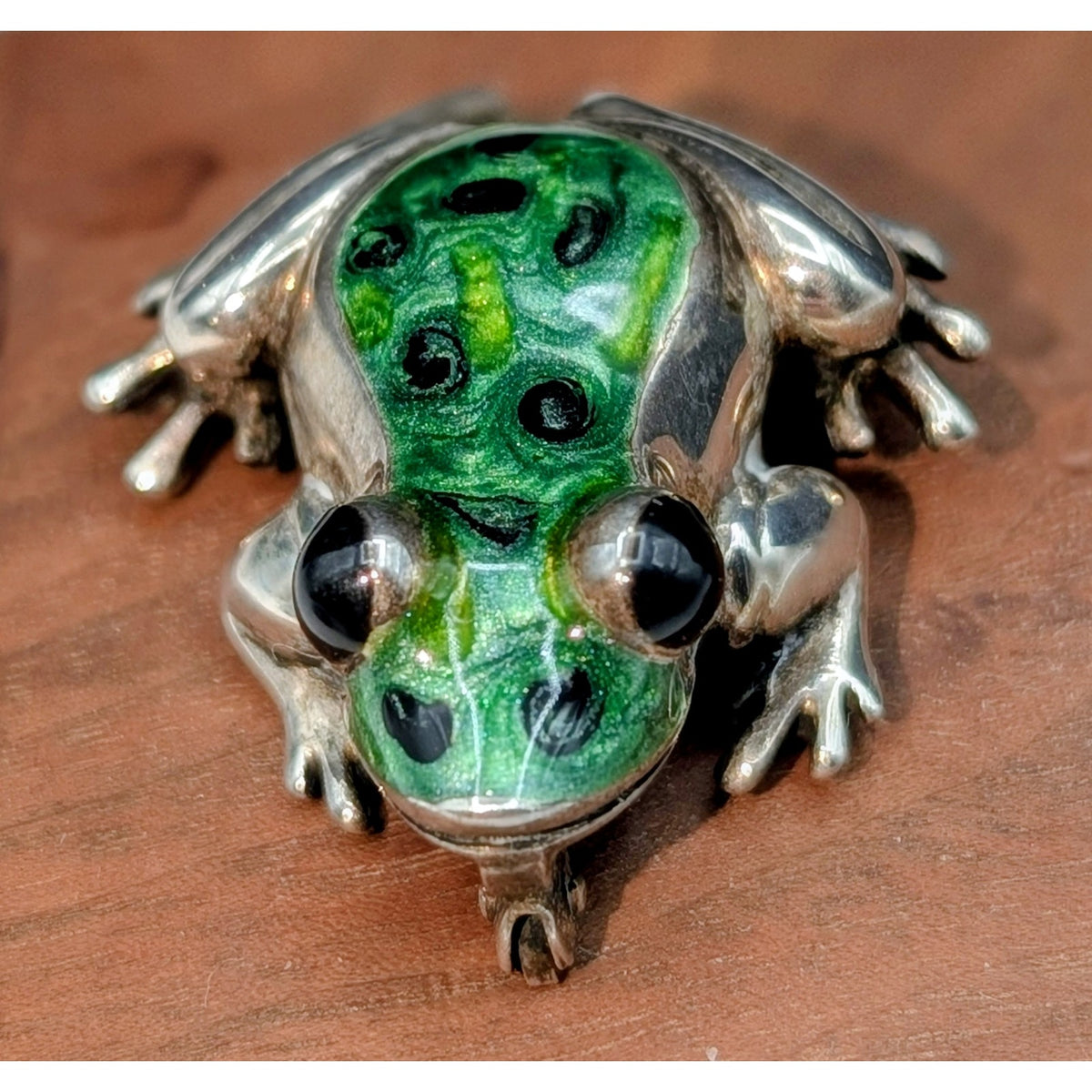 Vtg 925 Italy Sterling Hand-Painted Green Spotted Enamel Frog Brooch 11.14g