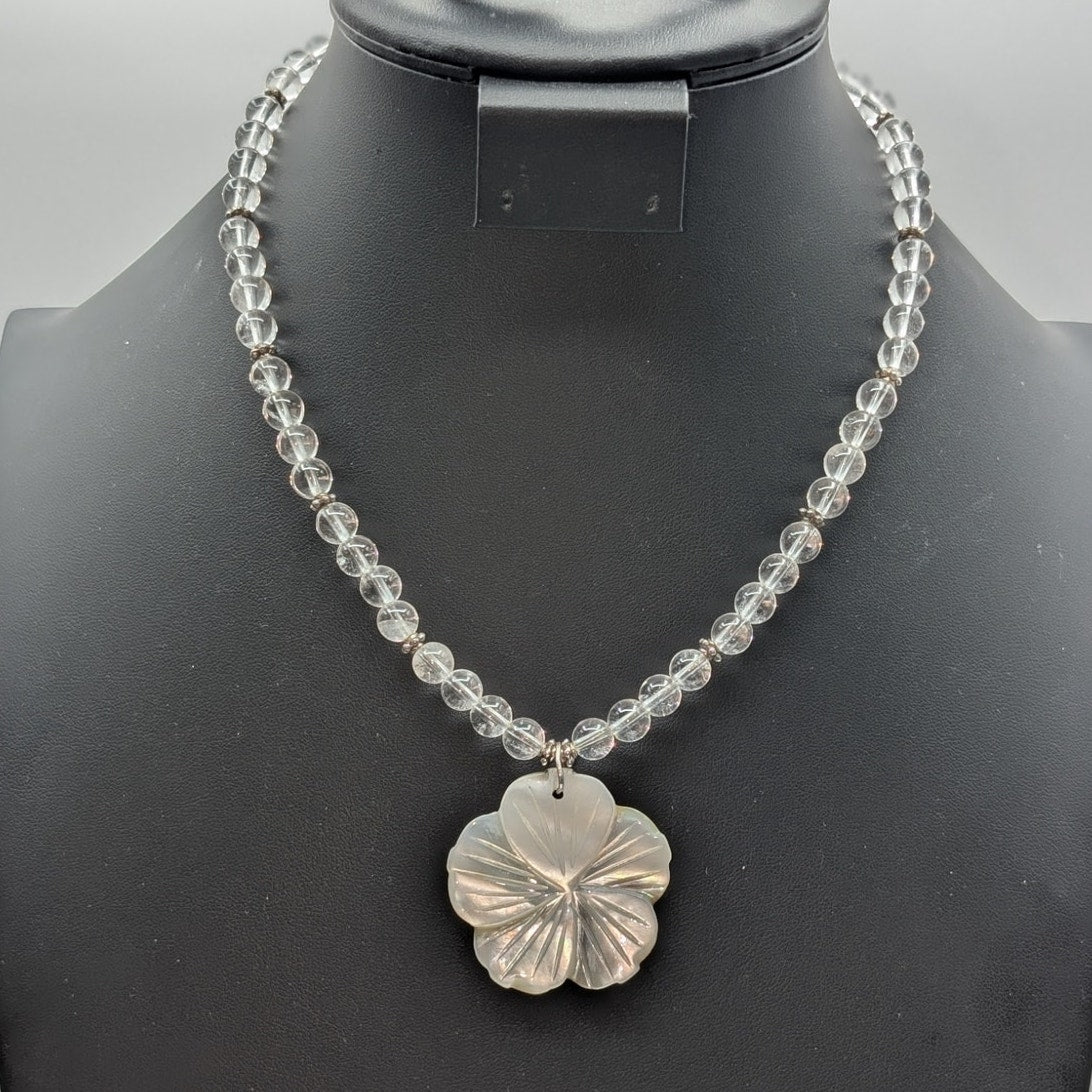 Vintage 925 Sterling Silver Quartz Bead Shell Flower Pendant 17.5" Necklace
