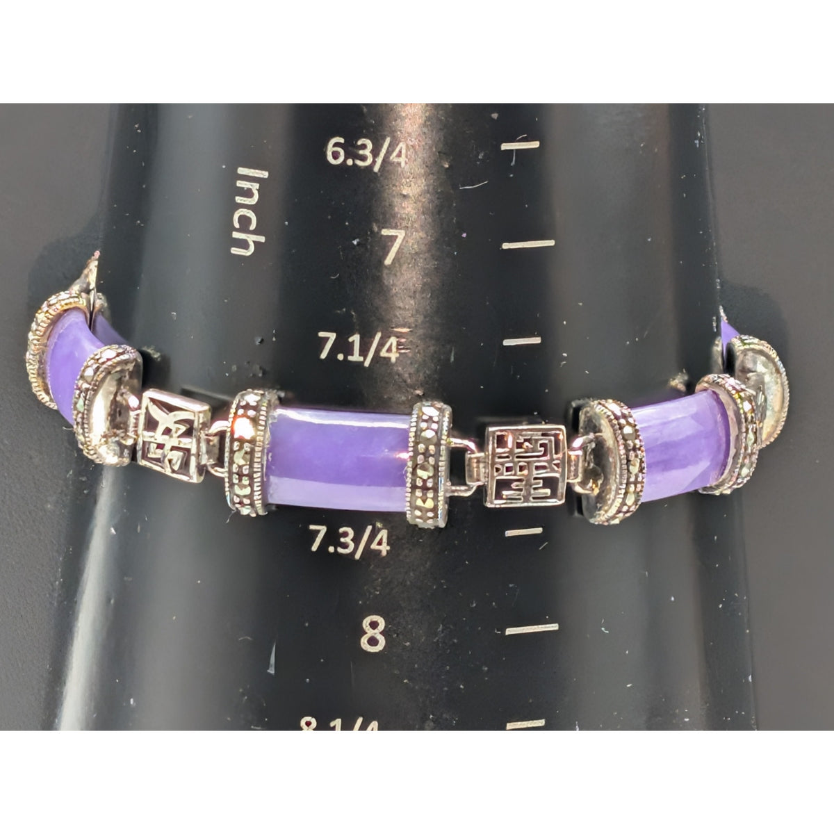 Vtg 70s Chinese Lavender Jadeite Marcasite Sterling Silver Panel Link Bracelet