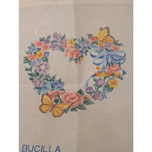 Vtg Bucilla Needlepoint Butterfly Wreath Mesh Design 1990 14" x 14" 4635