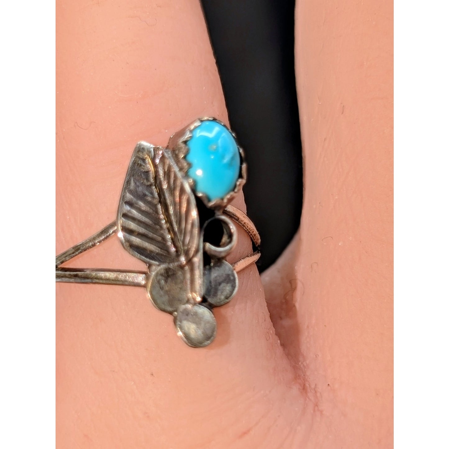 Vintage 925 Sterling Silver Turquoise Leaf Split Shank Thin Band Ring Size 5.25