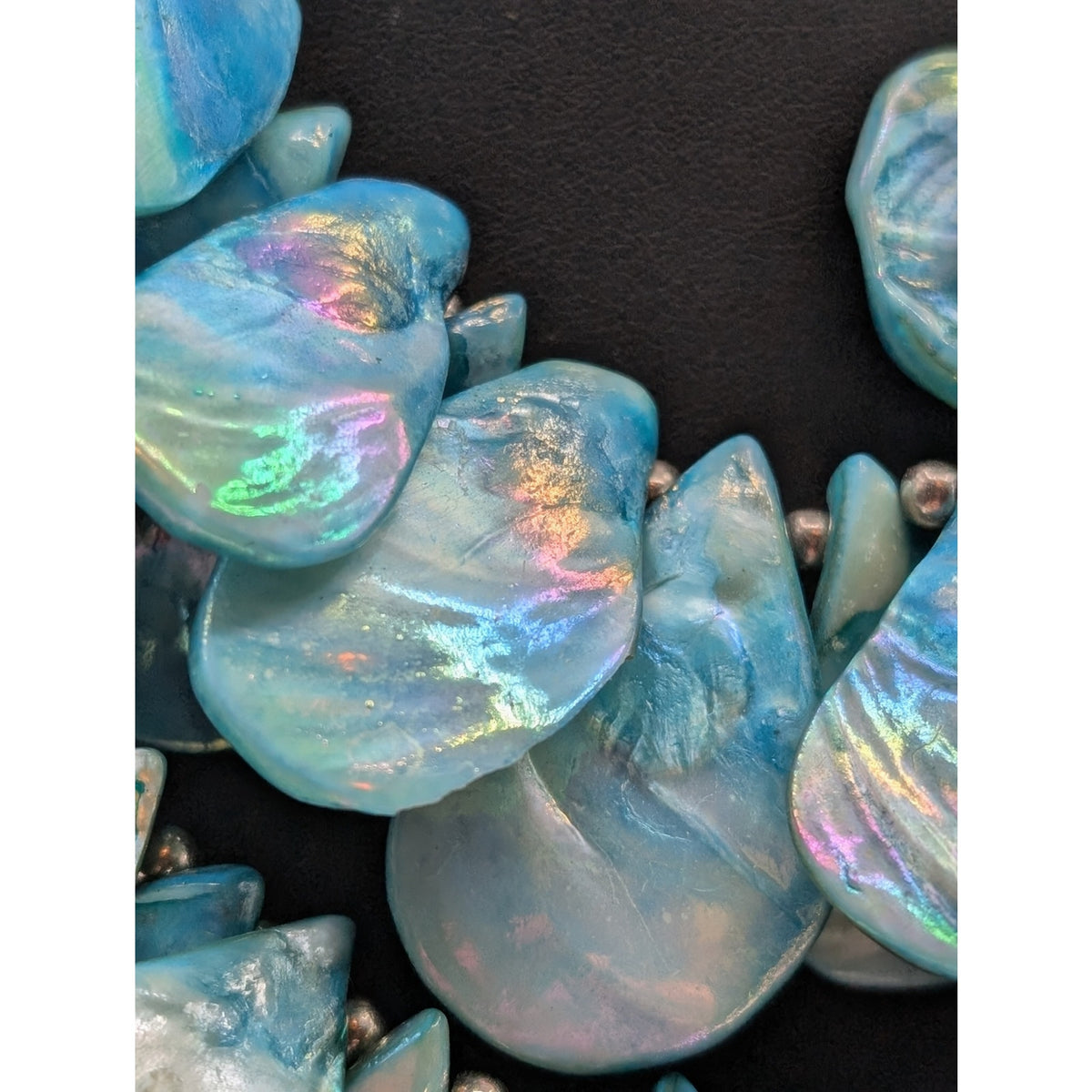 Silver Tone Chain Multi-Layer Dyed Blue Shell Petal Bead Statement Necklace