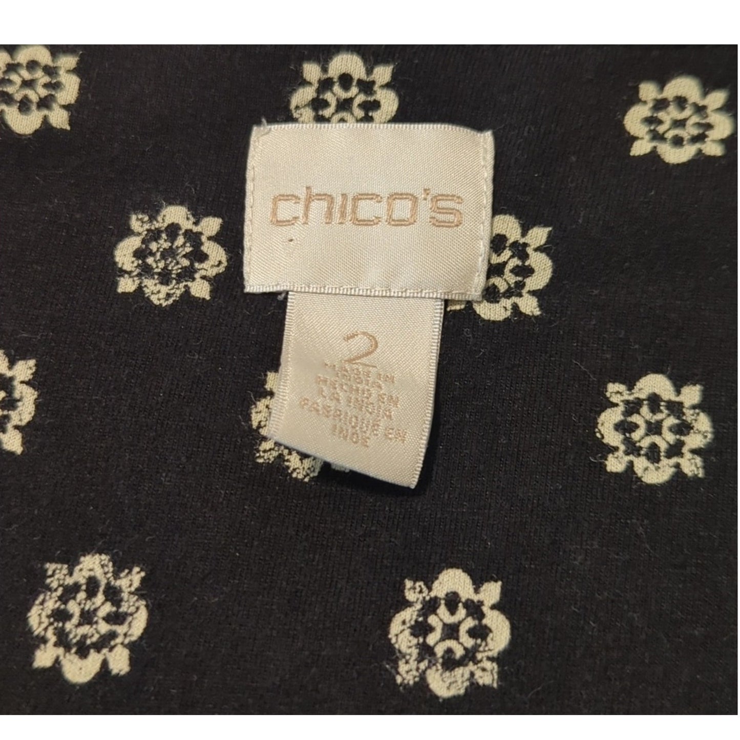 Chico's Sequin Beaded Front Placket Black/ White Peasant Elastic Sleeve Blouse 2