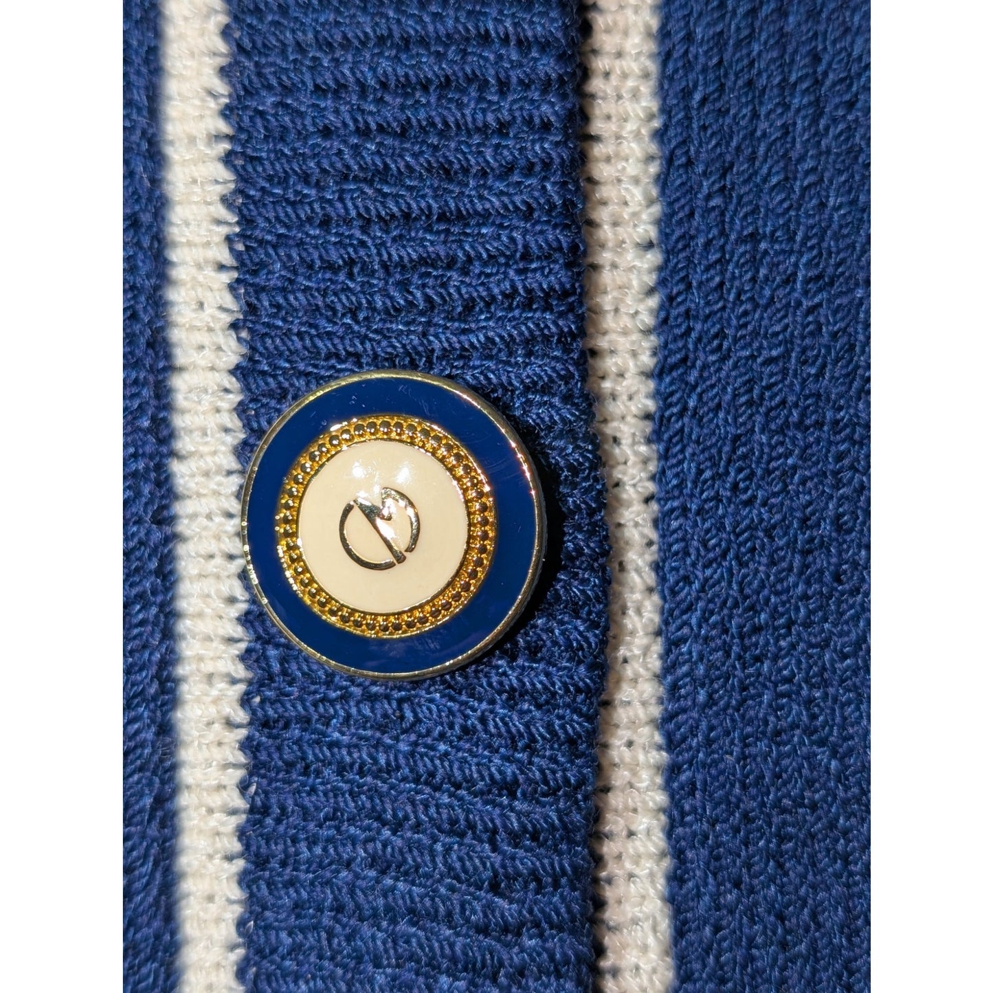Vtg Comma Knit Collection Couture Blue Cream Santana Nautical Cardigan Sweater