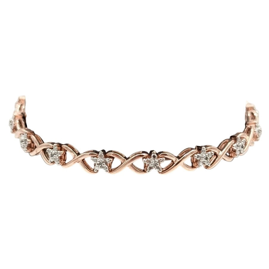 925 Sterling Silver Rose Gold Vermeil  .10ct Round Diamond Star Tennis Bracelet