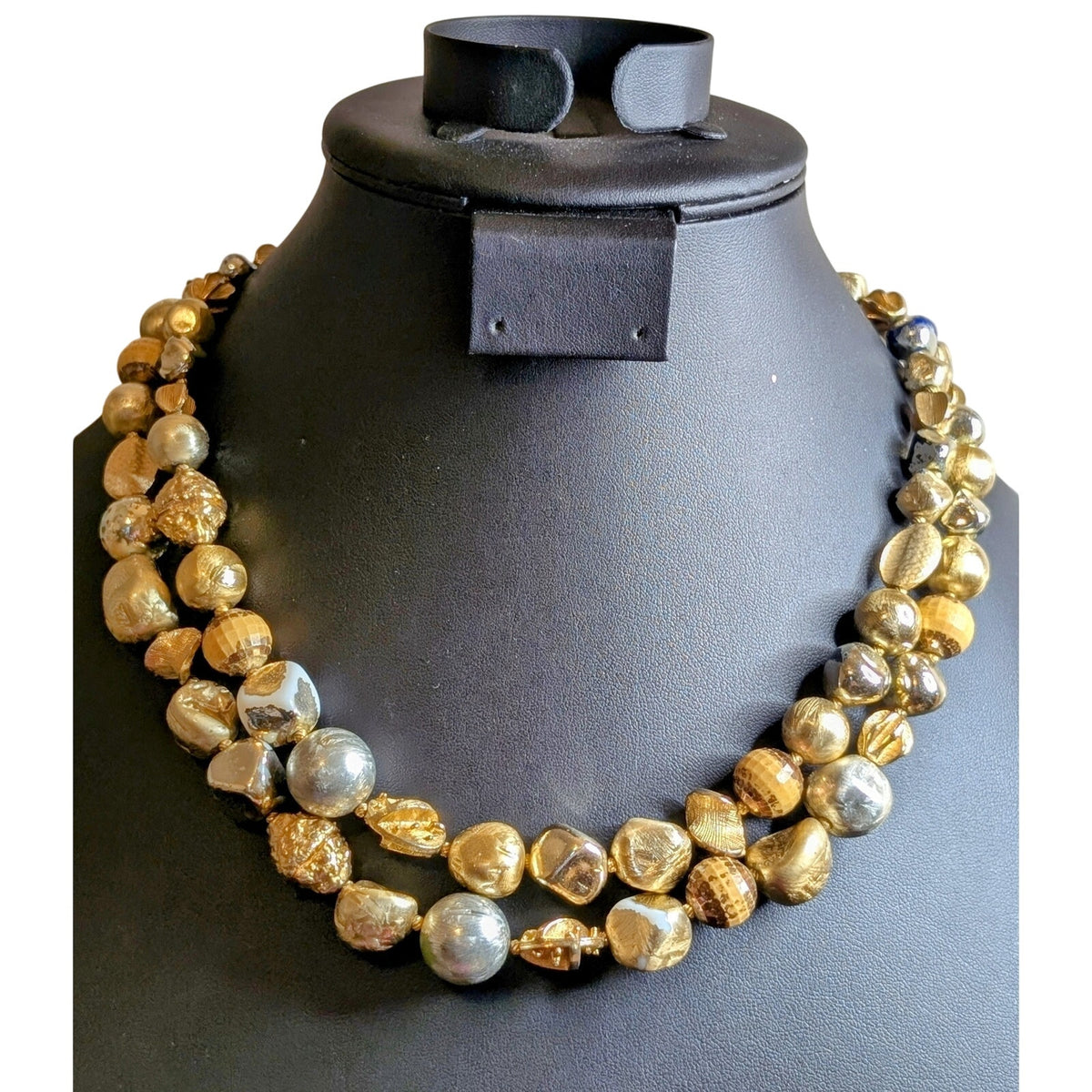 VTG Signed Hattie Carnegie Two Strand Goldtone & Silver Tone Beaded 19" Necklace