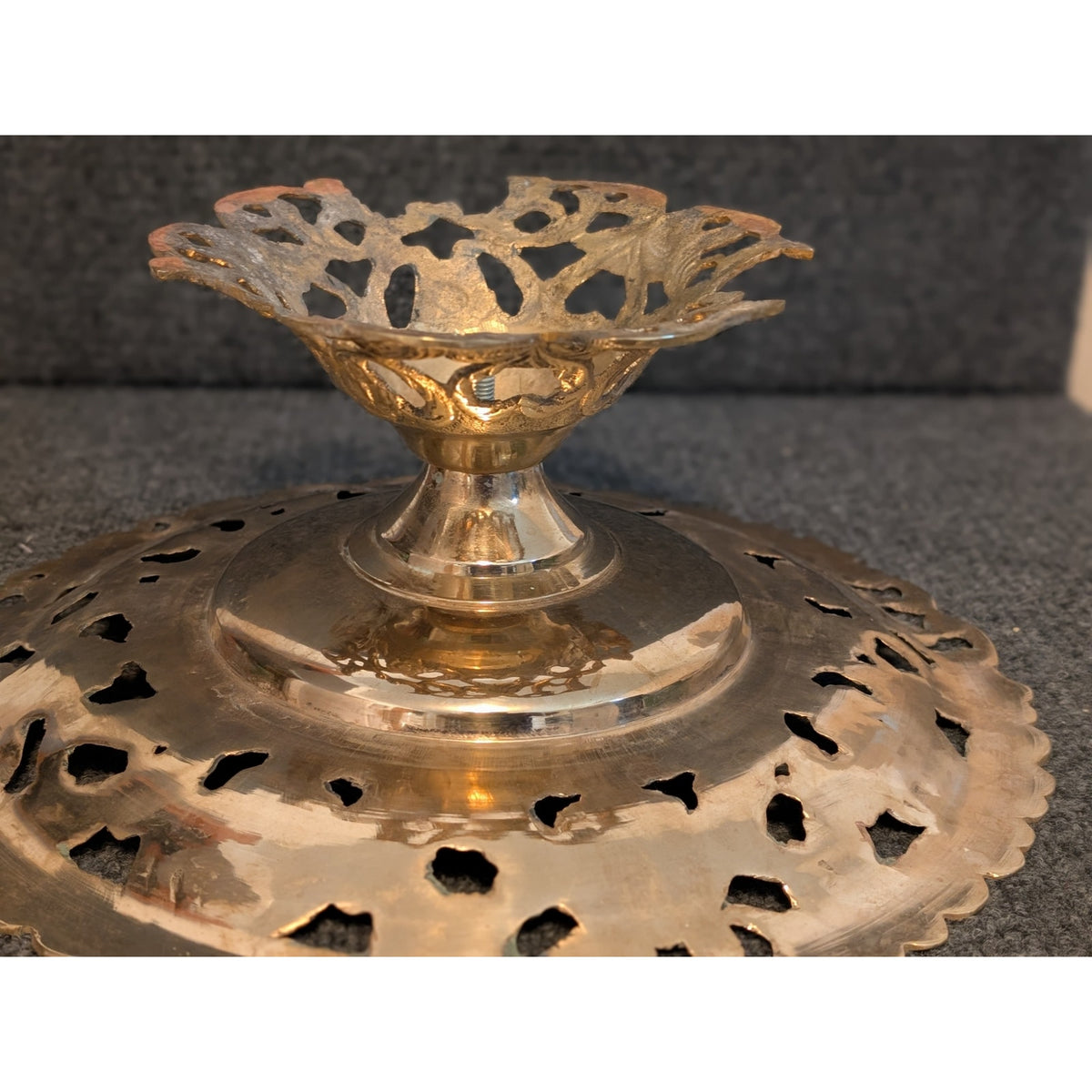 Vintage Brass Ornate Cut Out Floral Pedestal Bowl Compote