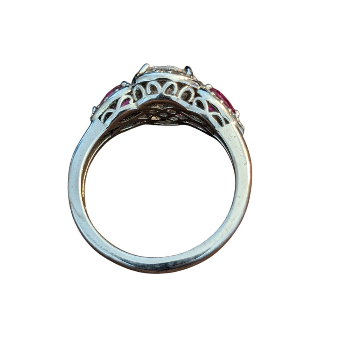 925 Large Round CZ & Lab-Created Ruby Trillion Accent Stone Engagement Ring Sz 8